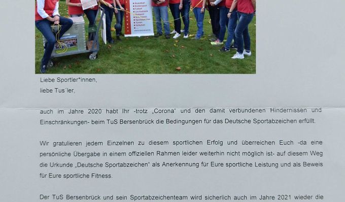 Übergabe der Sportabzeichen Urkunden 2020 per Briefkasten